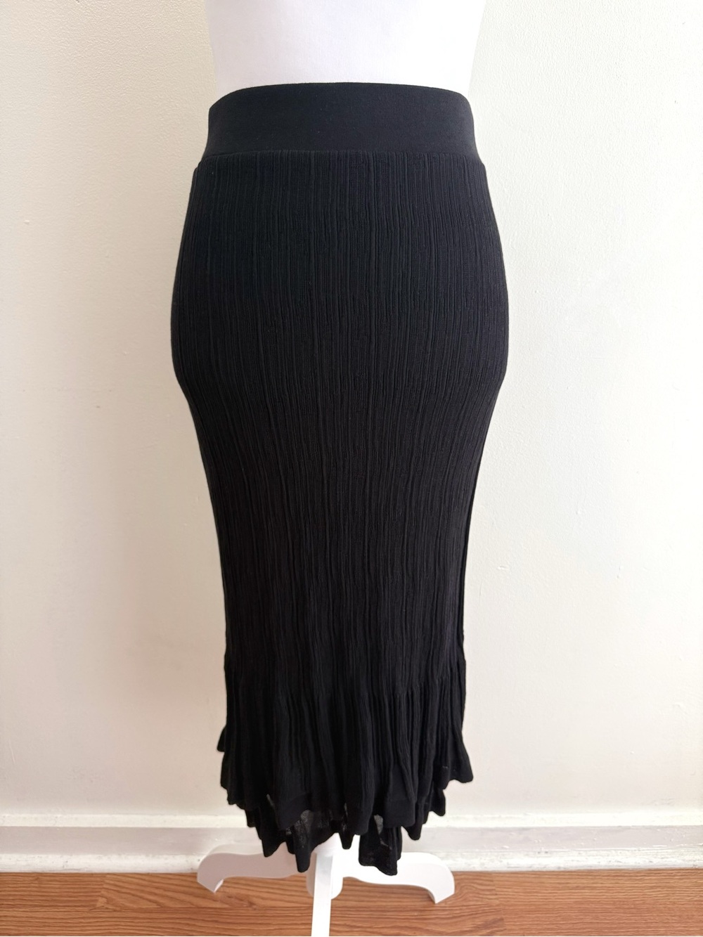 A.L.C. ALC black Lexi Fine Cotton Knit Gauge ribbed ruffle trim Midi Skirt